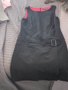 Black Sleeveless Shift Dress with Red Lining and Buckle Detail